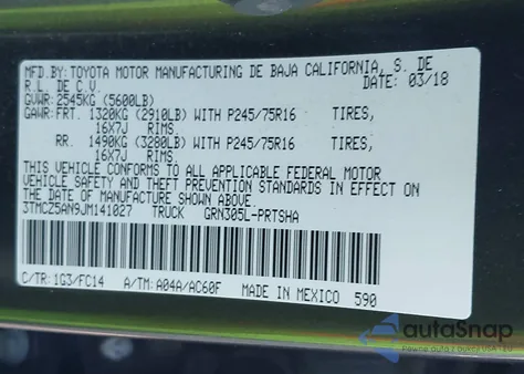 2018 Toyota Tacoma Sr5 V6 z USA, uszkodzony, nr VIN 3TMCZ5AN9JM141027